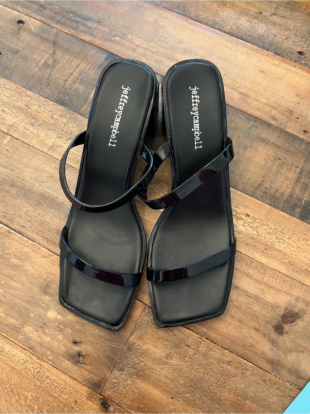 Jeffrey Campbell Black Patent Strappy Square-Toe Slide Heels